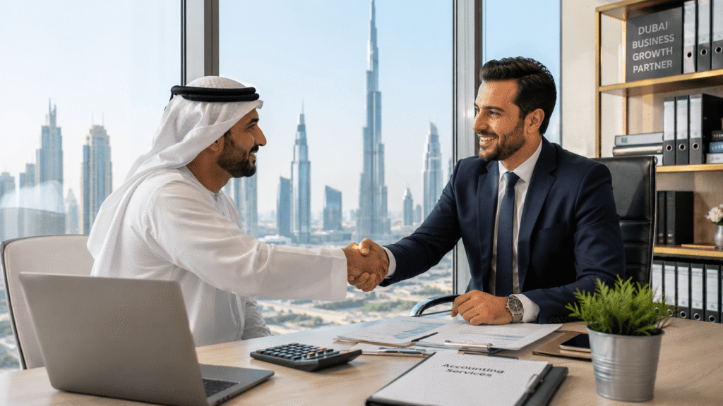 A friendly photo of a business owner shaking hands with an accountant in a modern Dubai office — place right after the introduction 
