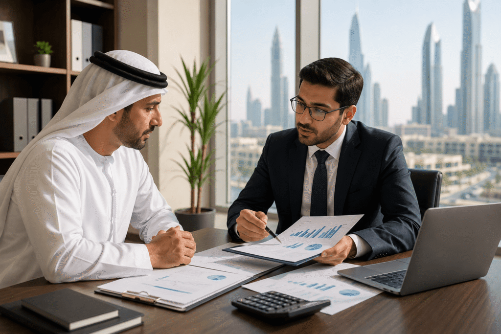 A warm photo of a business owner in a meeting with an accountant, documents and laptop on the table