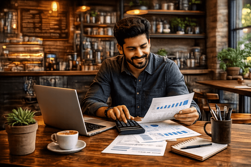 A warm photo of a small business owner (boutique, salon, or café setting) reviewing paperwork with a calculator and laptop nearby 