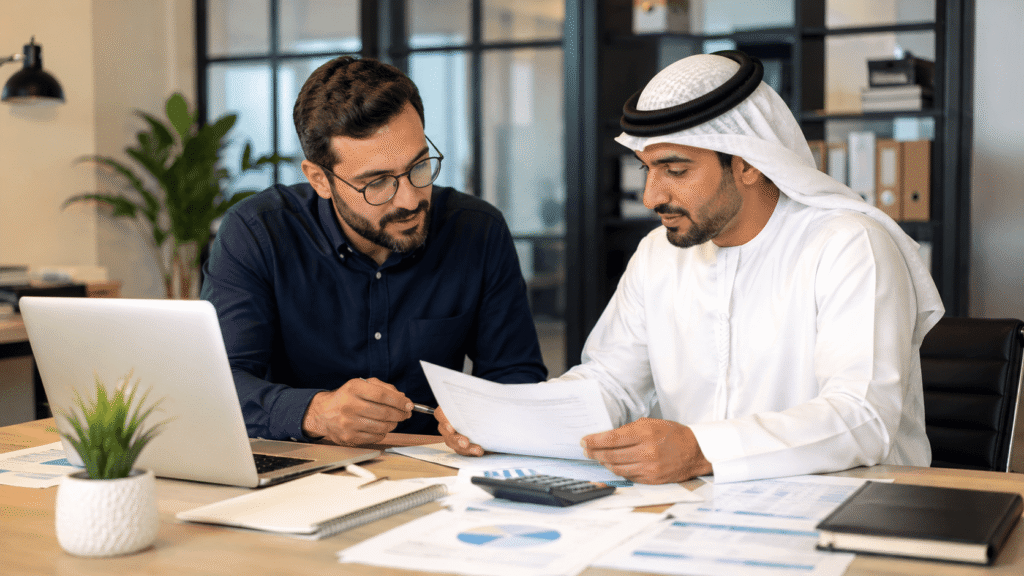 A warm, candid photo of a small business owner reviewing documents with an accountant at a desk