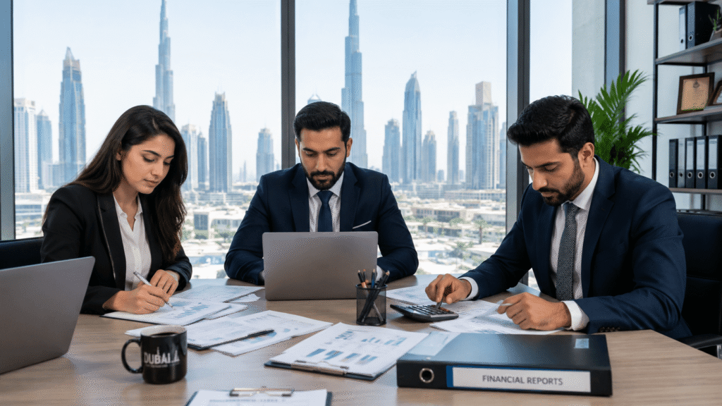  A professional photo of an accountant or finance team working at a modern Dubai office desk with laptops, calculators, and financial documents
