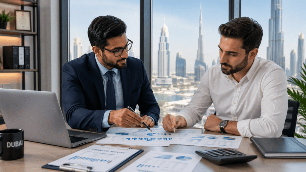  A photo or illustration of a consultant and business owner reviewing financial charts together at a meeting table
— placed near the end of this section.
"accounting consultancy Dubai business meeting"]