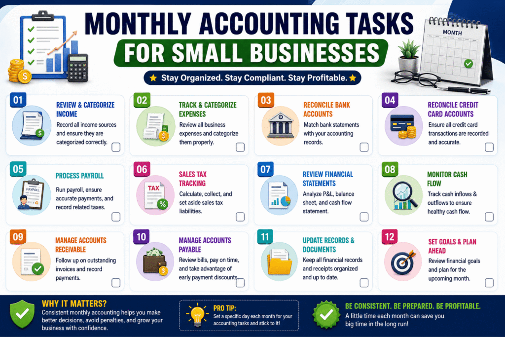  Checklist graphic titled "Monthly Accounting Tasks for Small Businesses