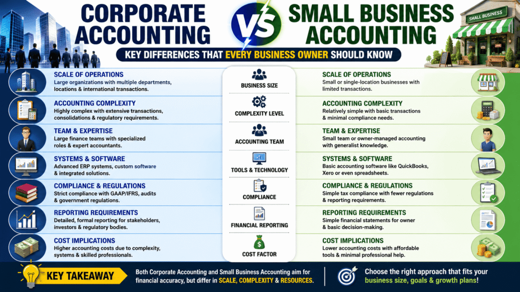 Infographic comparing "Corporate Accounting vs Small Business Accounting