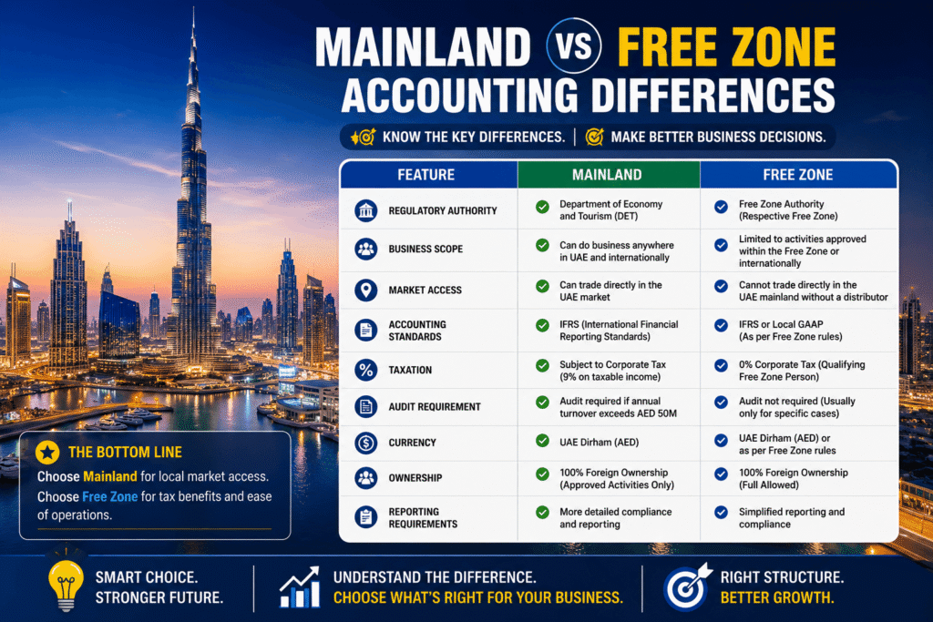 Photo of Dubai skyline with a small overlay graphic listing "Mainland vs Free Zone Accounting Differences