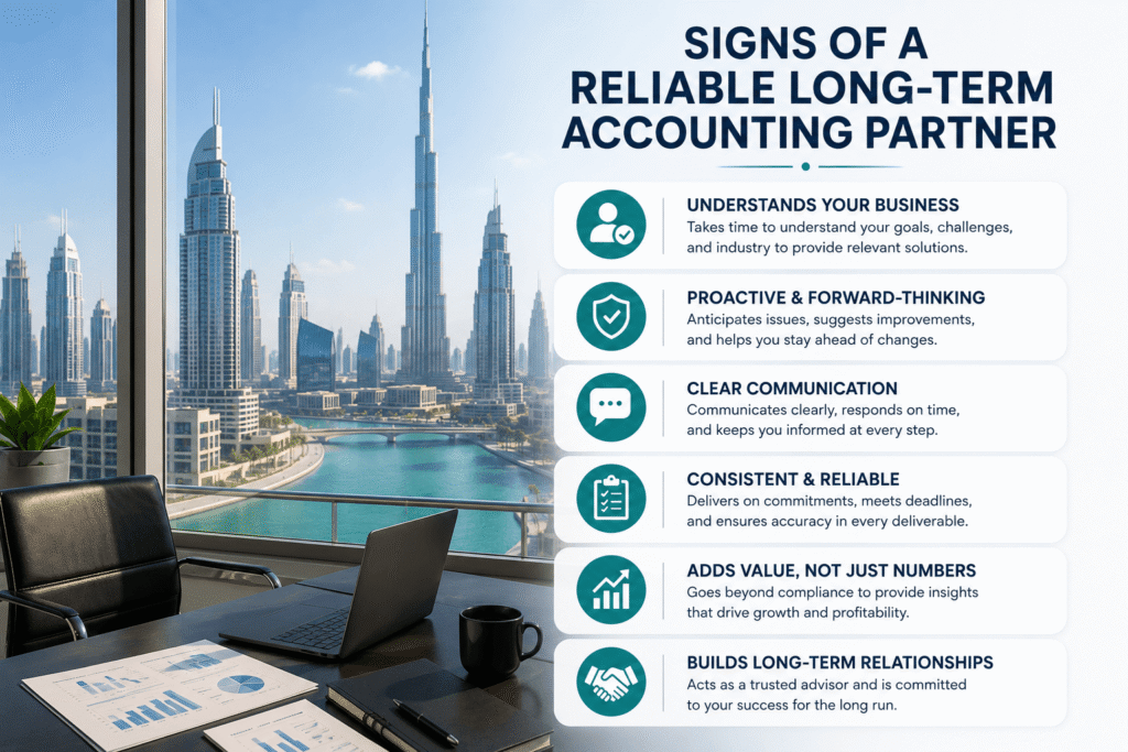 Photo of Dubai office skyline with a small overlay graphic, "Signs of a Reliable Long-Term Accounting Partner