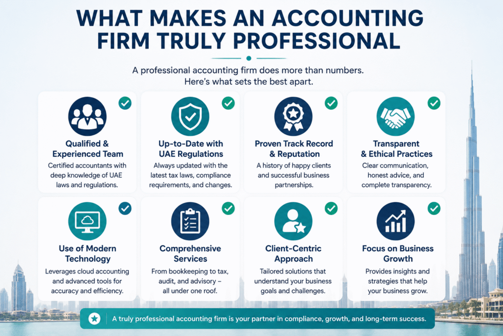What Makes an Accounting Firm Truly Professional" with simple checklist icons 