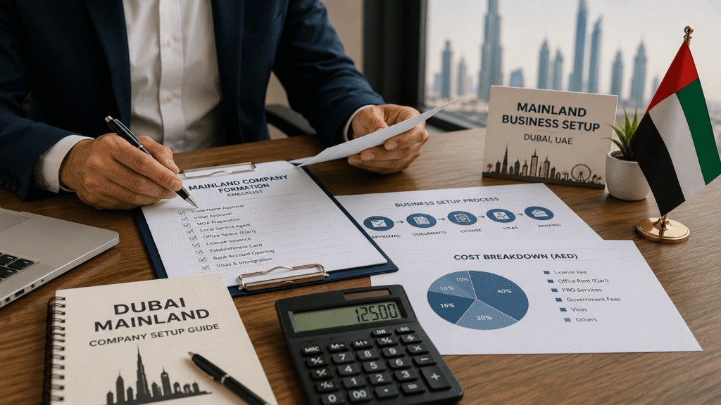 Accountant reviewing UAE company documents and charts on a desk. Title: Expert guidance for mainland company formation in Dubai