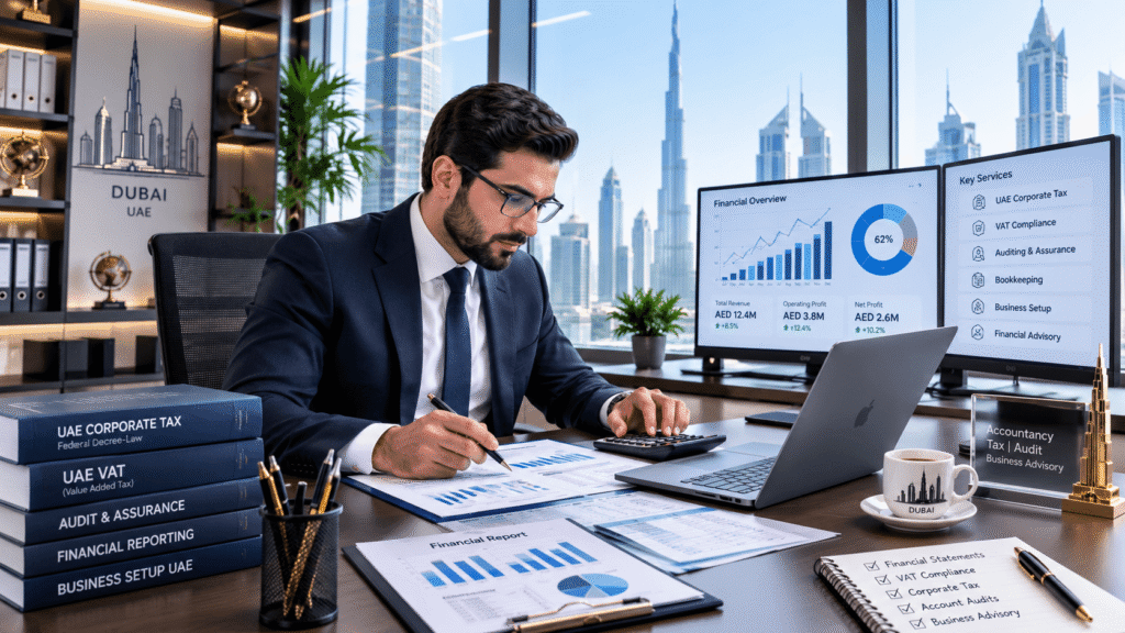 Accountant reviewing financial documents and charts in a modern Dubai office Title: Dubai accounting office workspace