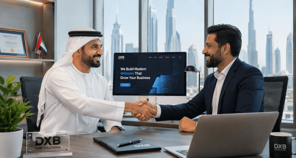 Business owner and web developer shaking hands after a successful website project meeting, modern UAE office backdrop