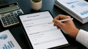 Business owner completing an FTA VAT deregistration application on a digital tablet with financial documents and calculator in a modern UAE office