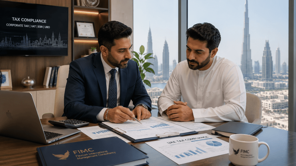 Business owner discussing tax compliance documents with an accountant in Dubai Title: Reviewing UAE tax compliance with an advisor