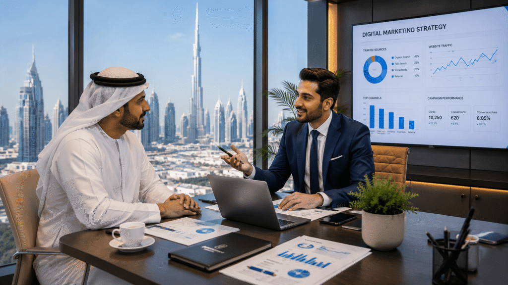  Business owner meeting with a digital marketing consultant in Dubai office Title: Choosing a marketing agency partner