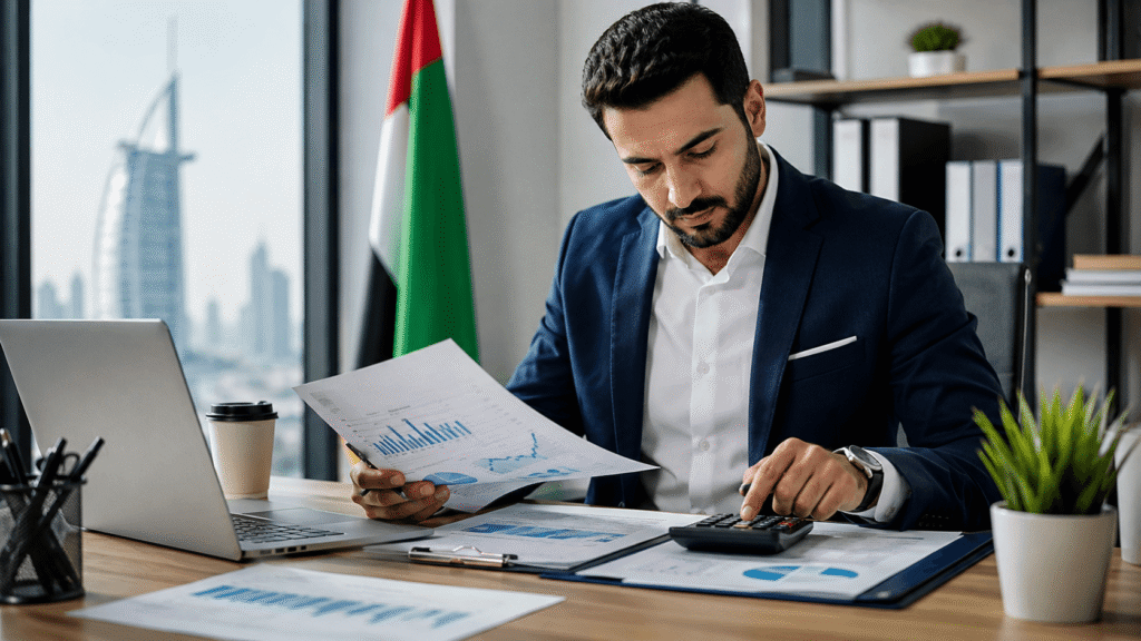 Business owner reviewing UAE corporate tax documents at a desk with a laptop, calculator, financial charts, and office paperwork in a modern corporate workspace