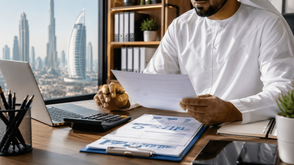 Business owner reviewing VAT deregistration documents with a calculator, laptop, and financial reports in a modern UAE corporate office