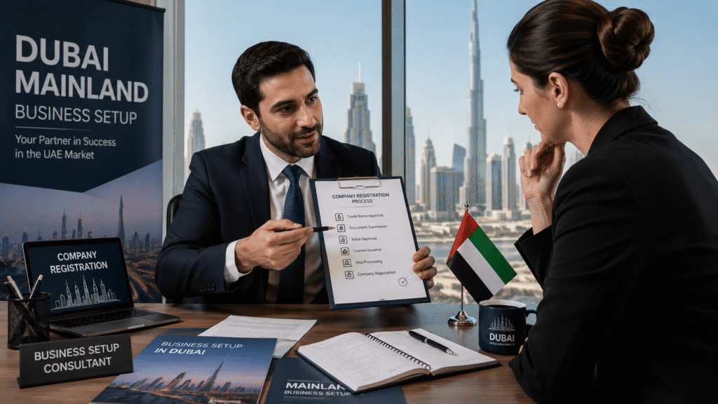 Business professionals discussing company registration documents in a Dubai office. Title: Dubai mainland business setup consultation