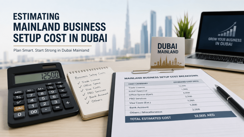 Calculator and financial documents representing Dubai mainland business setup cost planning. Title: Estimating mainland business setup cost in Dubai