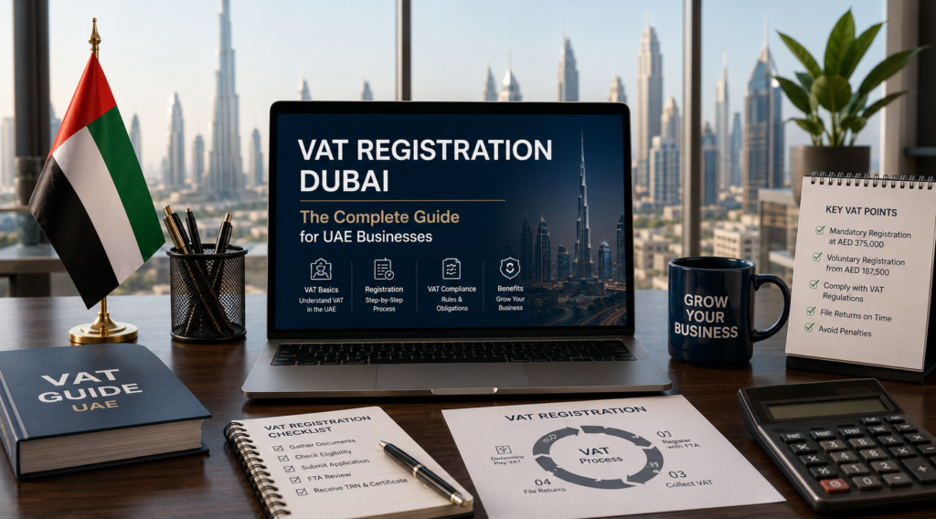 VAT registration guide with Dubai skyline