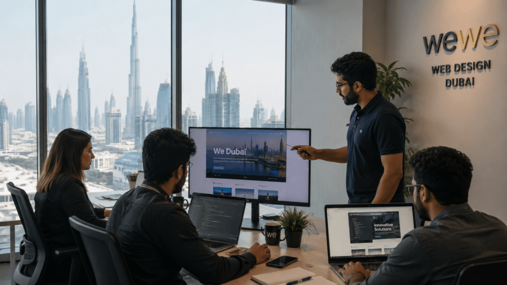 A modern web development team working in a Dubai office,
screens showing website designs, natural light, professional corporate setting