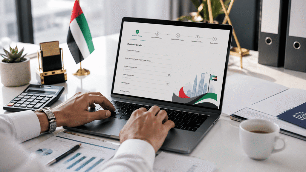 Close-up of hands typing on a laptop displaying an online UAE corporate tax registration form, with financial documents, a calculator, and office workspace in a modern business environment