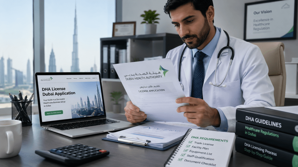 Doctor reviewing Dubai Health Authority license documents at a desk with a laptop and calculator Title: DHA License Dubai Application Overview