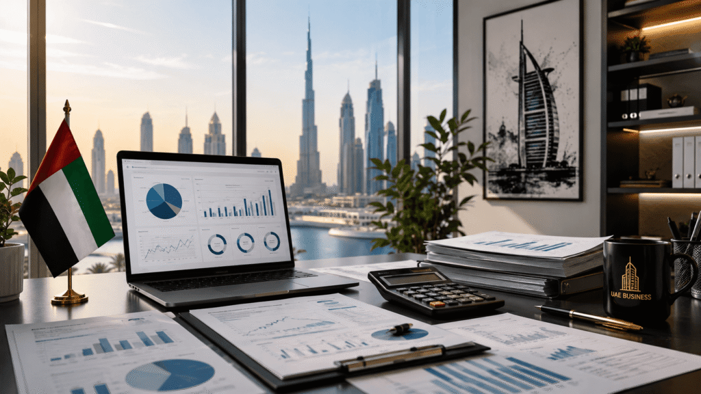Generate a professional Style modern corporate, UAE business, accounting, finance theme. Include charts, calculators, office, documents