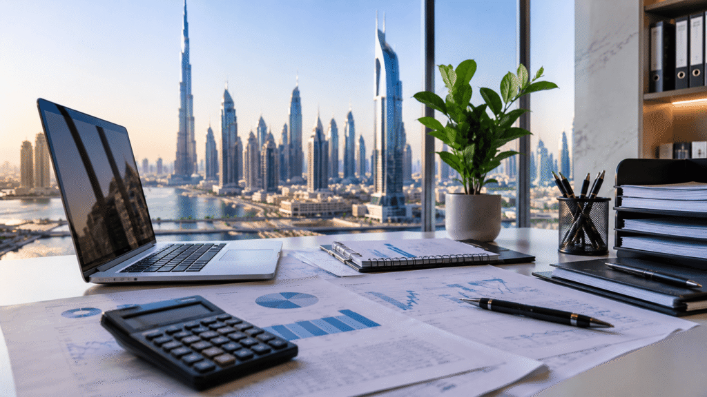 modern corporate, UAE business, accounting, finance theme. Include charts, calculators, office, documents.