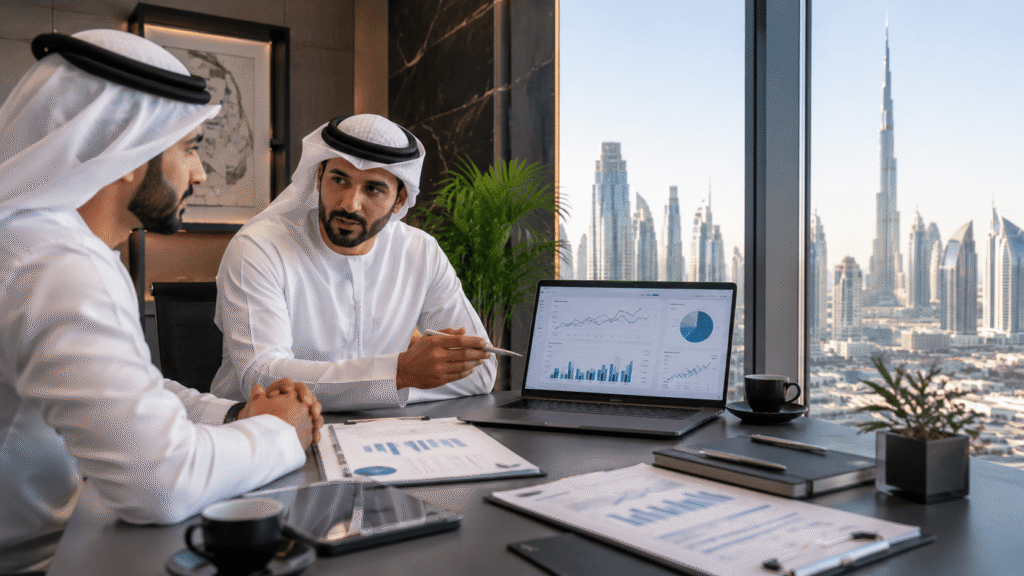 Generate a professional image. Style modern UAE business consultant meeting, laptop showing financial charts, calculator, professional office setting, no heavy text