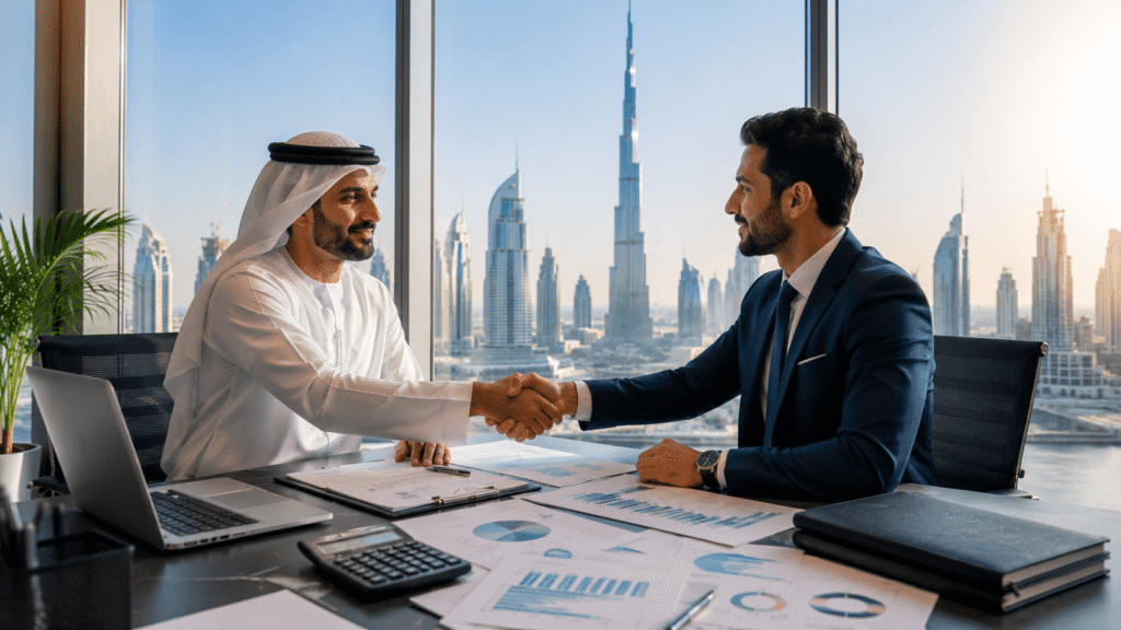 modern corporate, UAE business skyline, finance and accounting theme, calculator and documents on a desk, no heavy text.