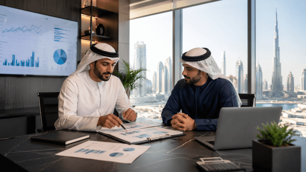 Generate a professional image. Style modern corporate office in UAE, business consultant reviewing documents with a client, charts and financial graphs on screen, no heavy text.