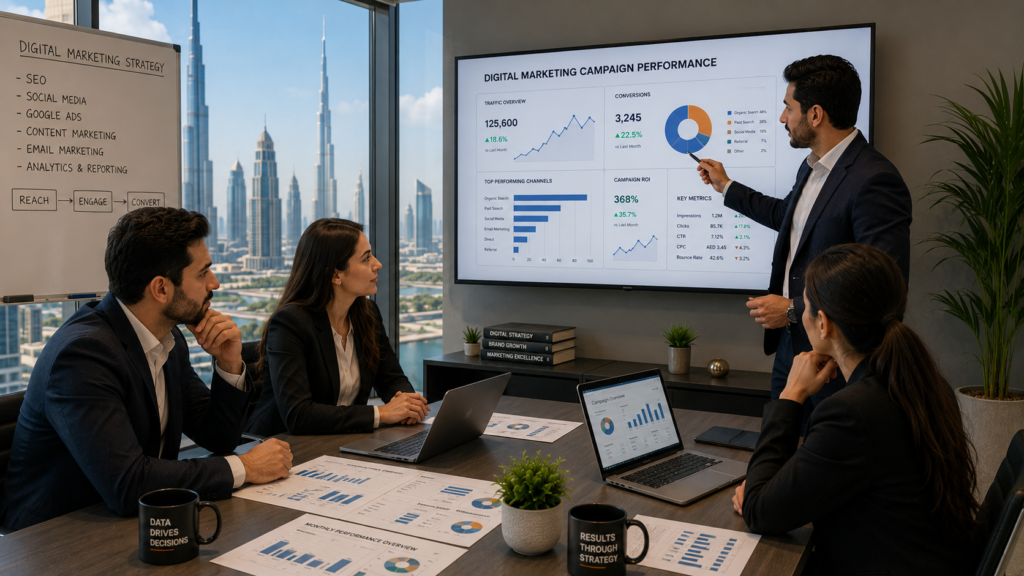 digital marketing services in Dubai UAE - team analyzing campaign data on screen
