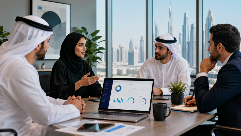  modern UAE marketing team meeting, laptop showing analytics dashboard, professional office setting, no heavy text.