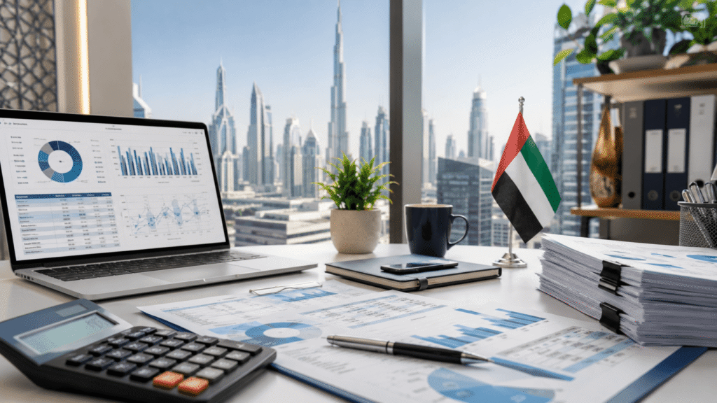 modern corporate, UAE business, accounting, finance theme. Include charts, calculators, office, documents. 