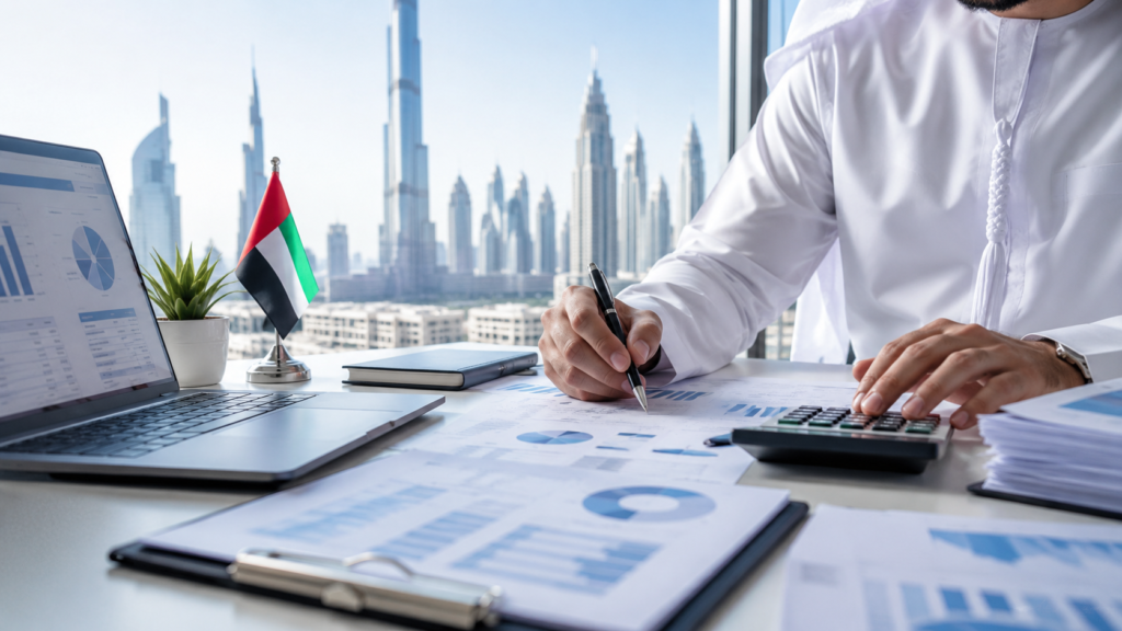 modern corporate, UAE business, accounting, finance theme. Include charts, calculators, office, documents