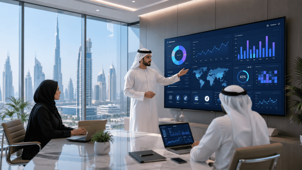 modern corporate, UAE business office, digital marketing dashboard on screen, charts and analytics, no heavy text