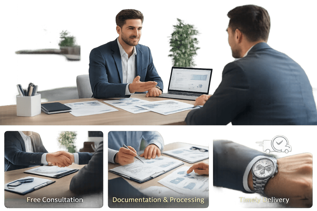 Professional business consultants guiding a client through consultation, documentation, compliance, and timely service delivery in a modern office.