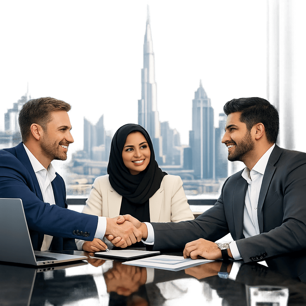Professional business consultation meeting in a modern Dubai office with satisfied clients and financial advisors discussing business services