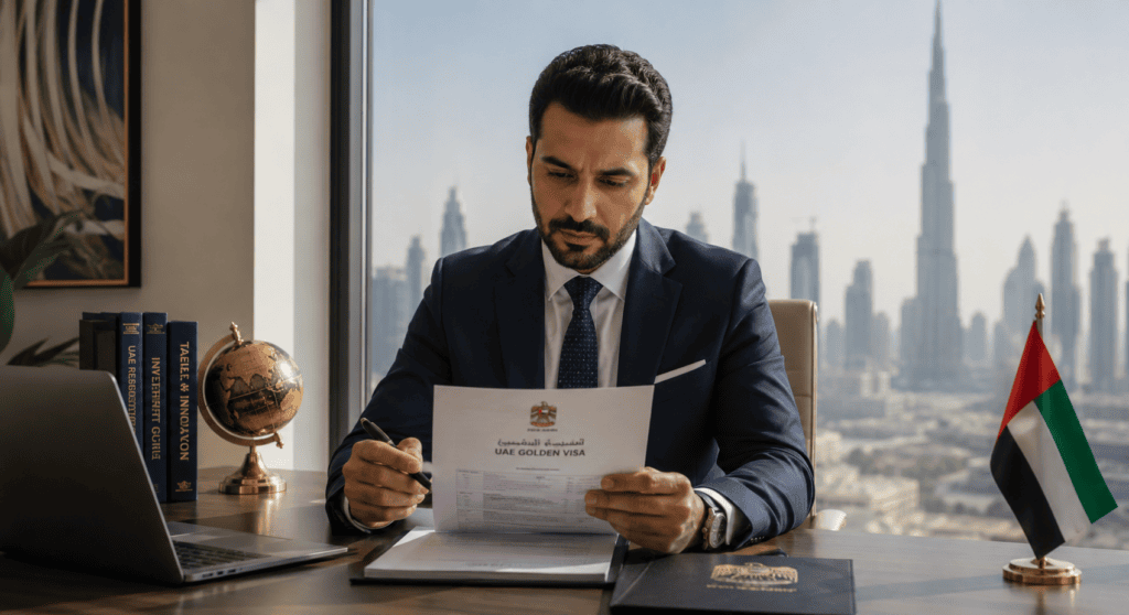 Business professional reviewing UAE Golden Visa documents in a modern Dubai office Title: UAE Golden Visa Requirements 2026