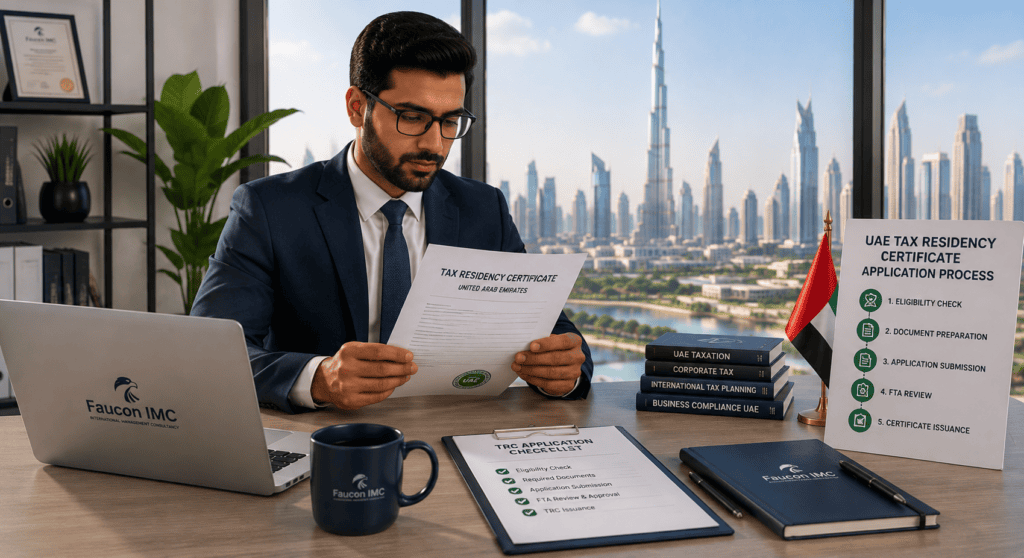 Business professional reviewing UAE Tax Residency Certificate documents in a Dubai office  Title Tax Residency Certificate UAE Application Process