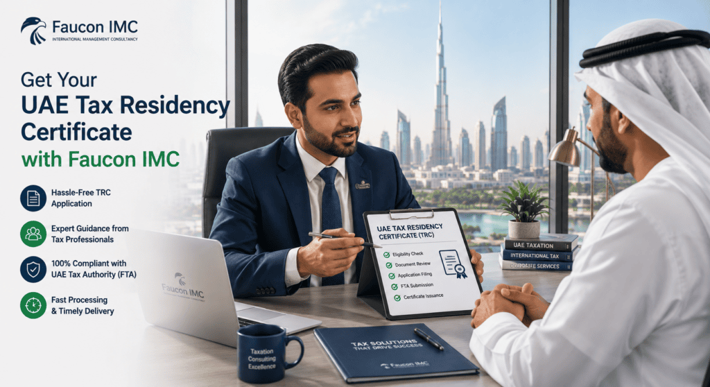 Faucon IMC tax advisor consulting a client on UAE Tax Residency Certificate application  Title Get Your UAE Tax Residency Certificate with Faucon IMC
