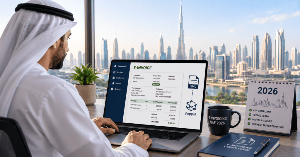 UAE business owner reviewing digital e-invoicing system on laptop with Dubai skyline in background Title E-Invoicing UAE 2026 Requirements.png
