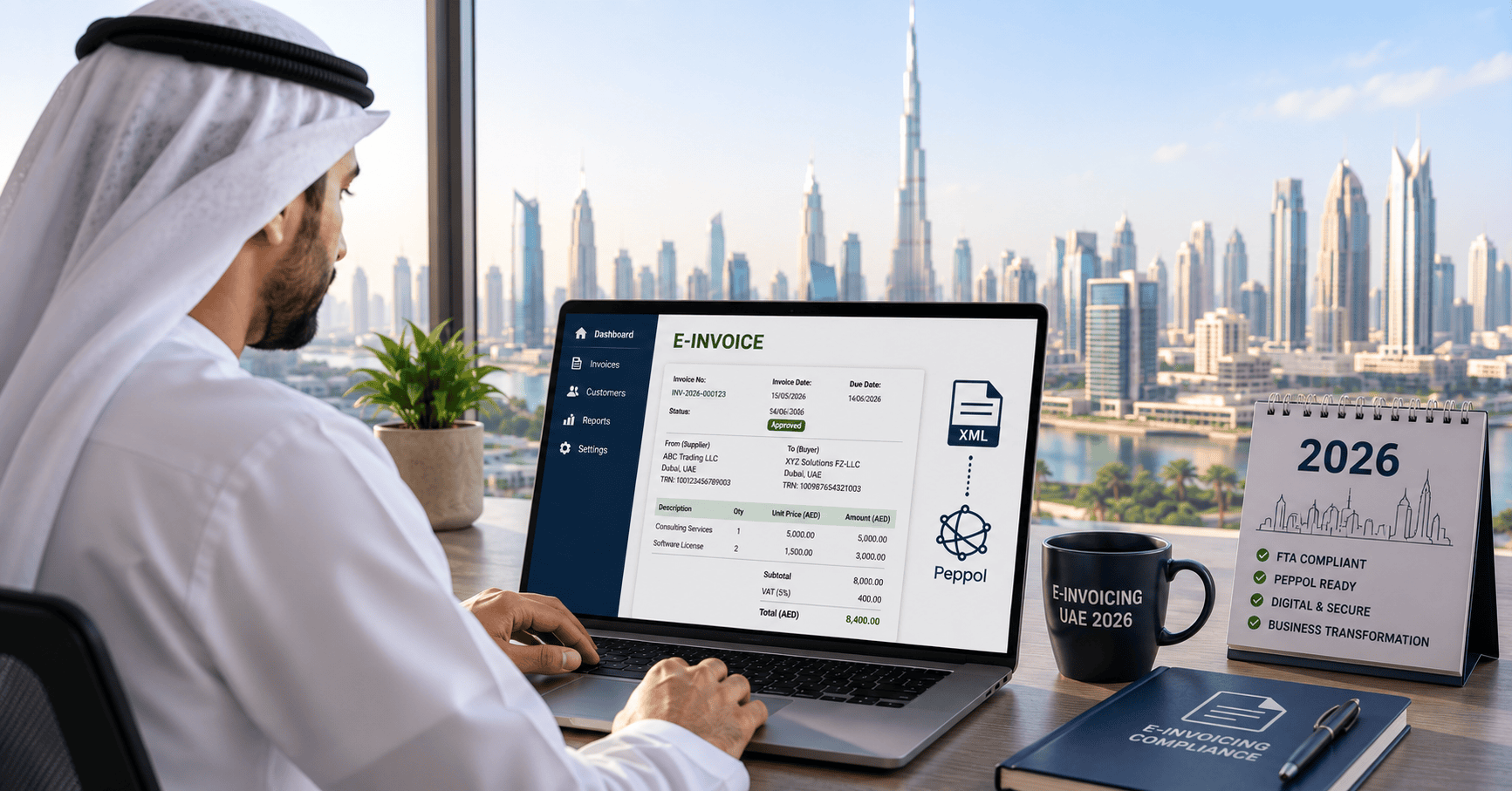 UAE business owner reviewing digital e-invoicing system on laptop with Dubai skyline in background Title E-Invoicing UAE 2026 Requirements.png