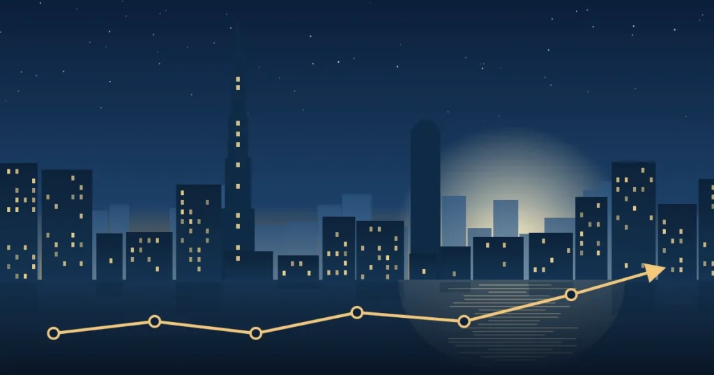Dubai skyline at dusk with a growth line representing business consultants in Dubai