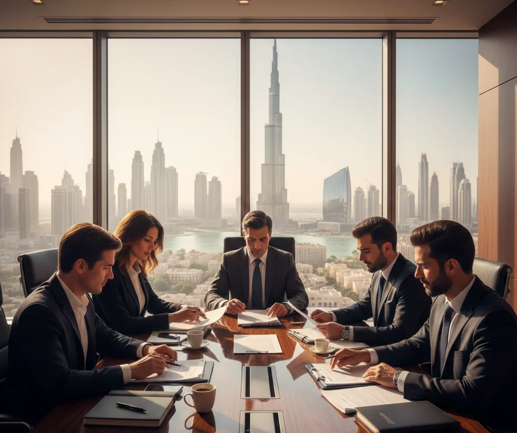 Business setup consultant in Dubai discussing company formation documents with entrepreneur, Dubai skyline in background
