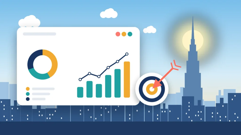 Business consulting services in Dubai illustrated by a performance dashboard and target with the Burj Khalifa skyline