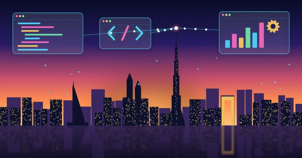 Dubai skyline with Burj Khalifa and software code icons for choosing a custom software development company